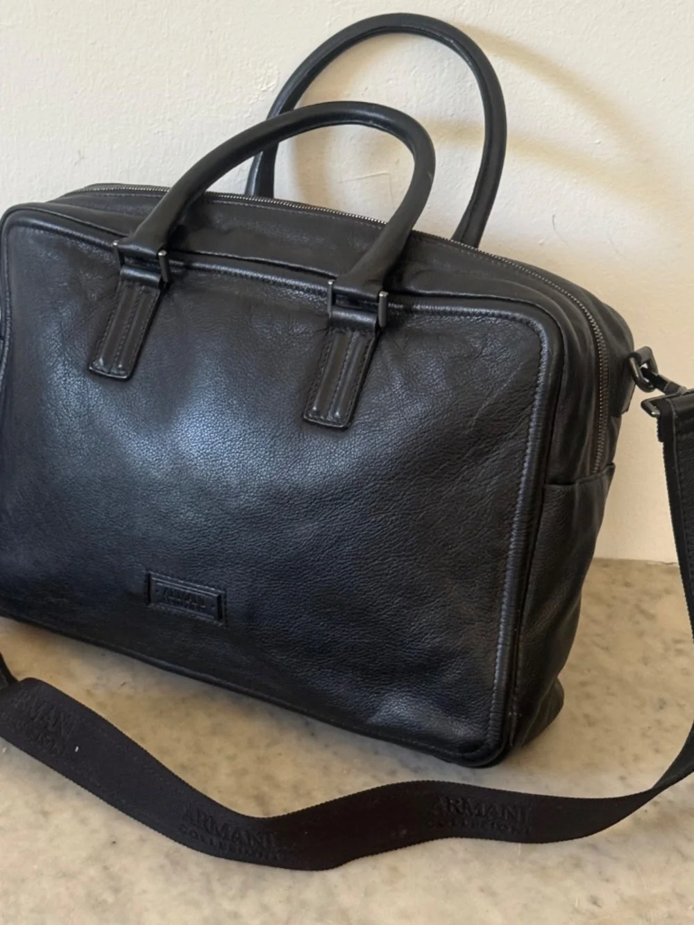 Armani Collezioni Leather Briefcase Laptop Bag Black Messenger Business Bag